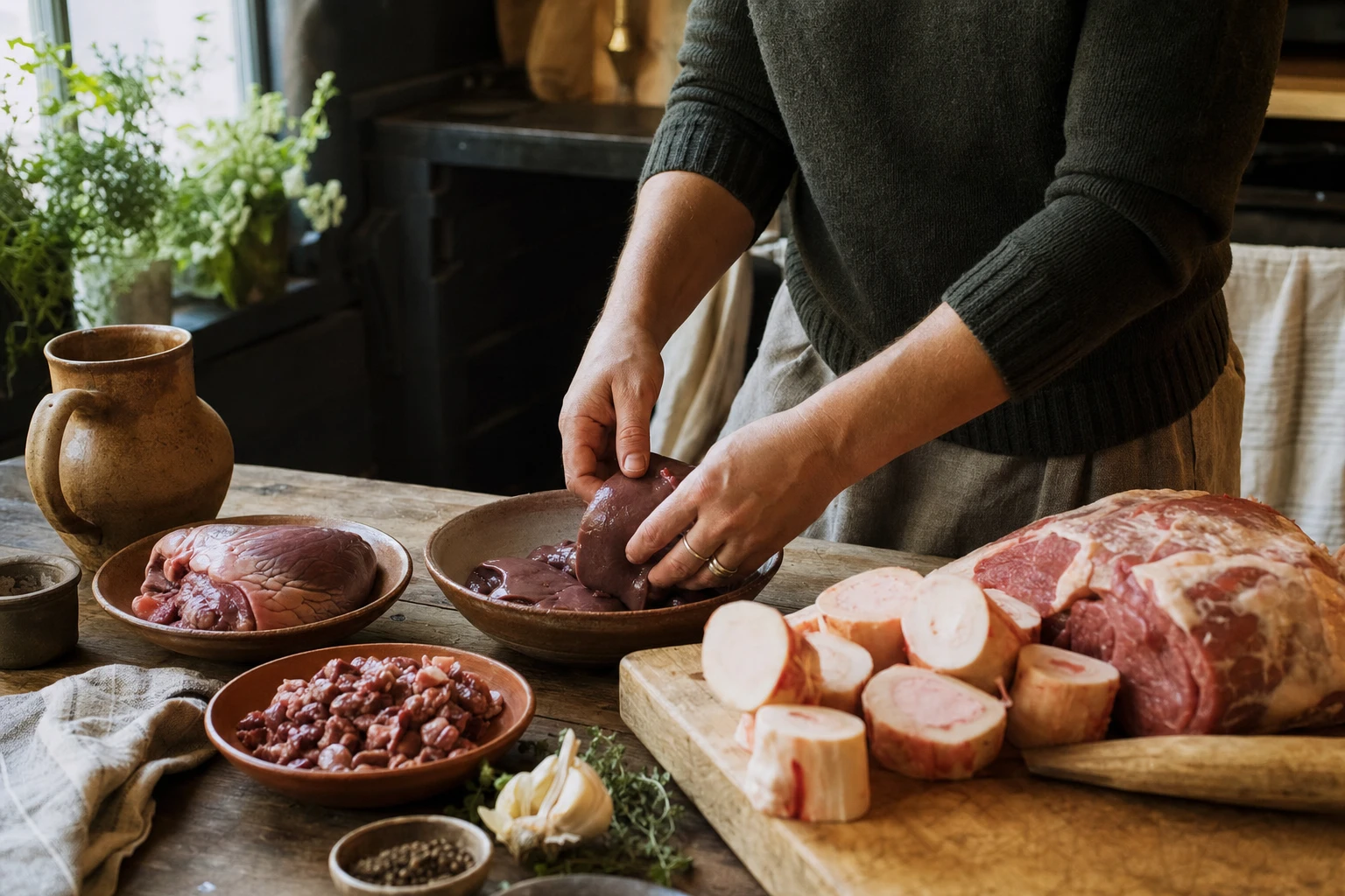 A nose-to-tail meal in progress, showing various organ meats and cuts being prepared in a kitchen