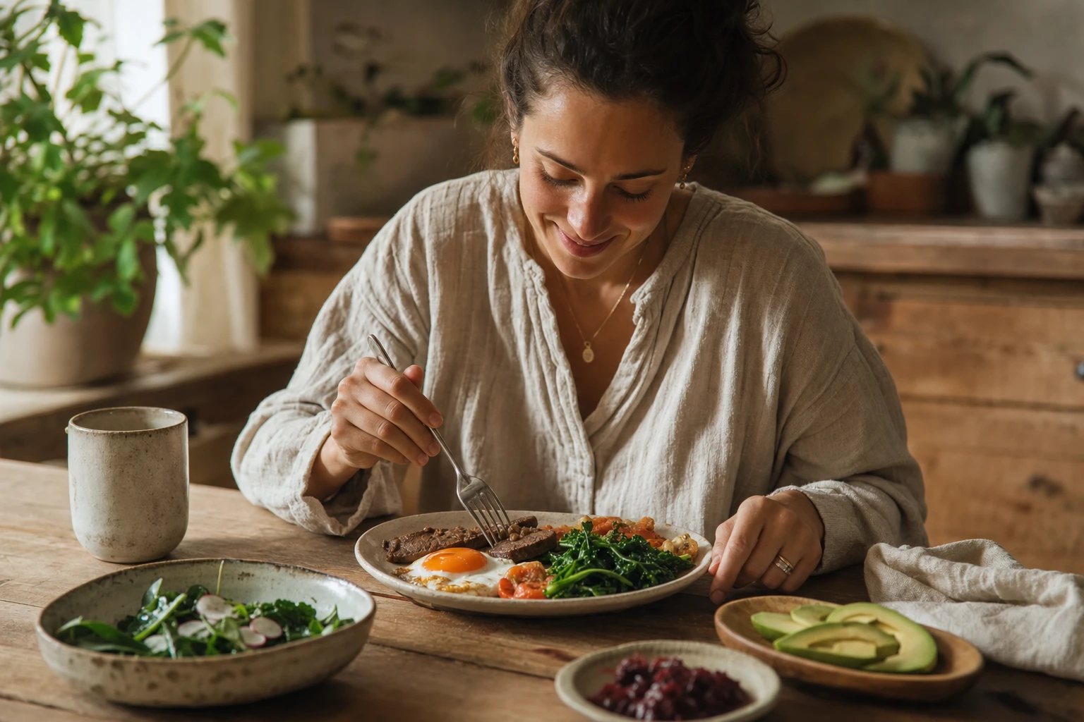Woman enjoying nutrient-dense meal with eggs, organs, and vegetables