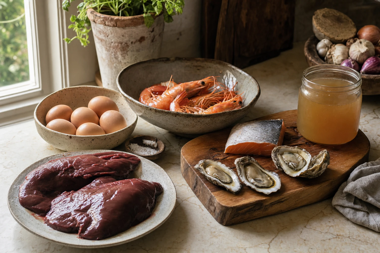 Array of fertility-supporting foods: liver, eggs, seafood, bone broth