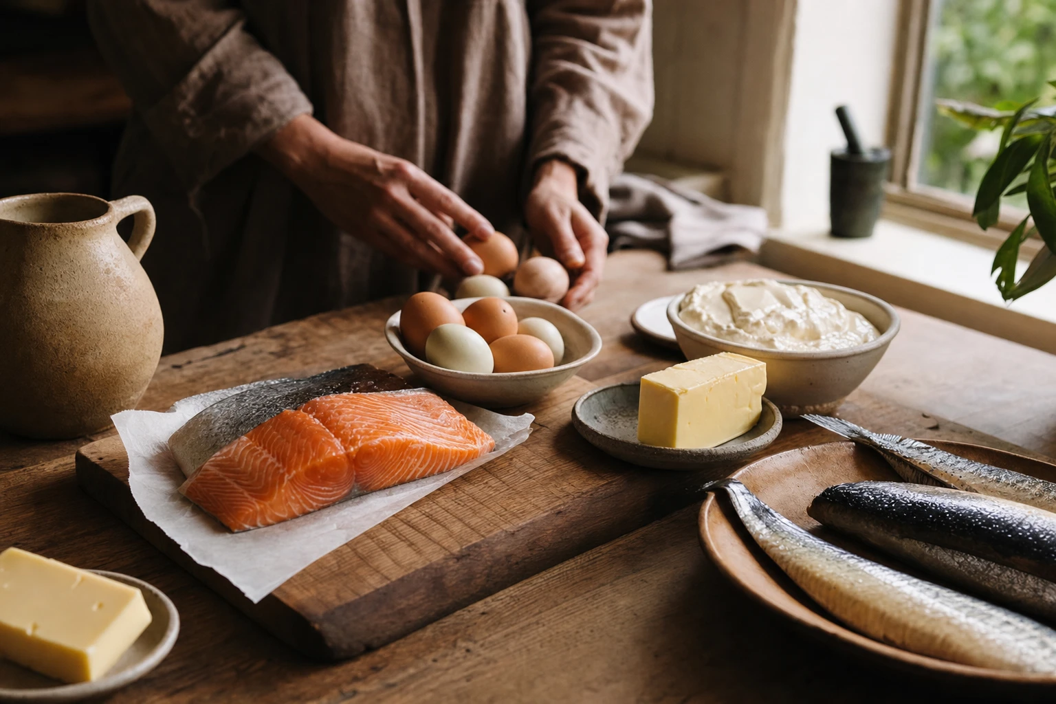 Fatty fish, eggs, butter, and full-fat dairy arranged on a board