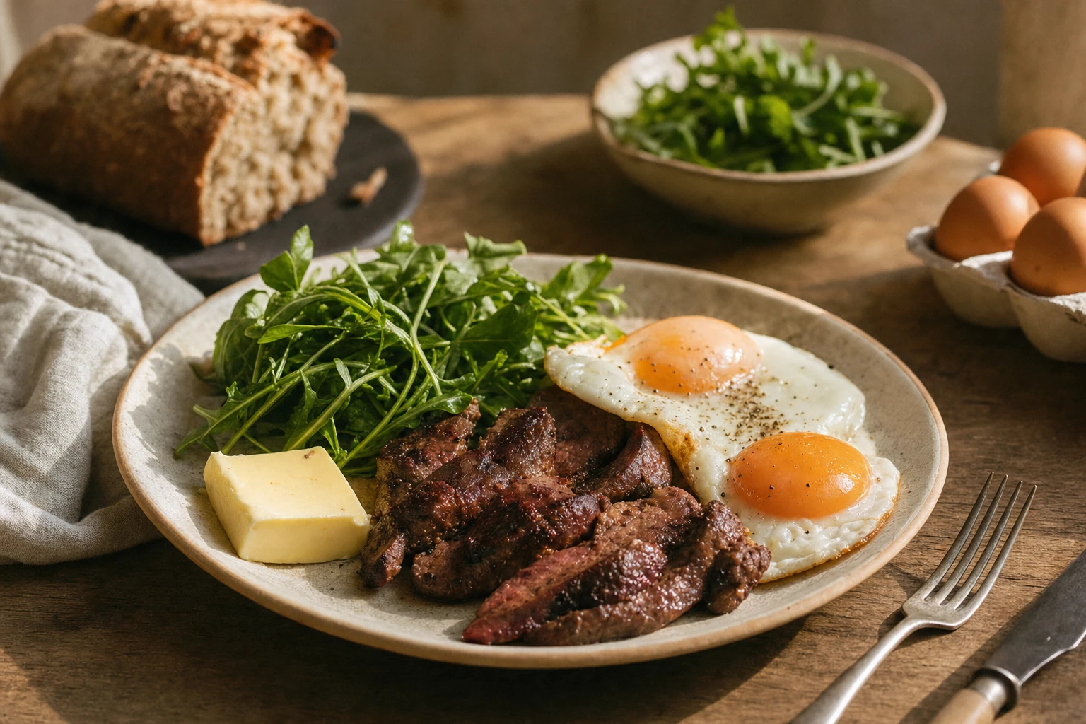 Plate with liver, eggs, greens, and grass-fed butter