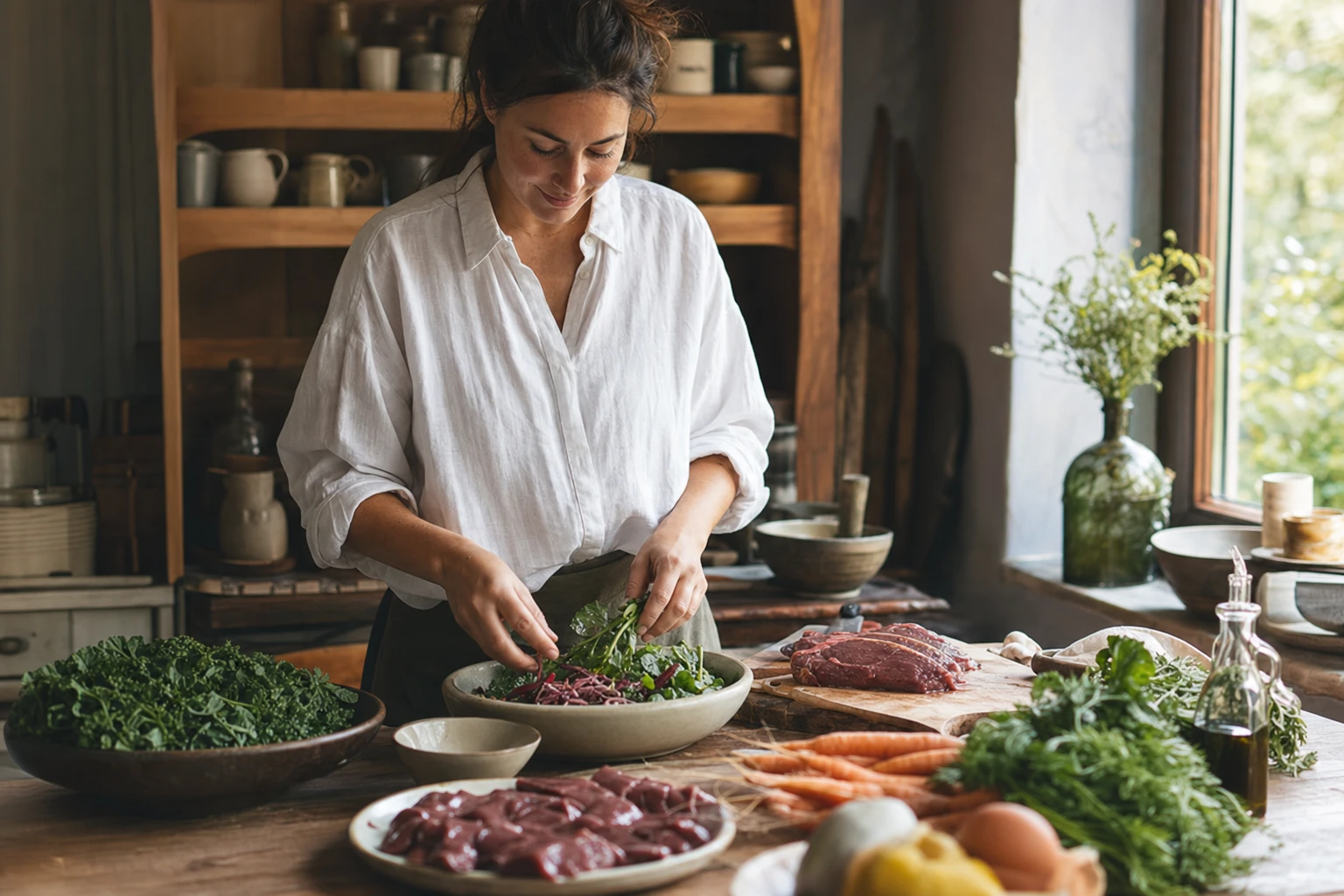 Woman preparing nutrient-dense food in kitchen