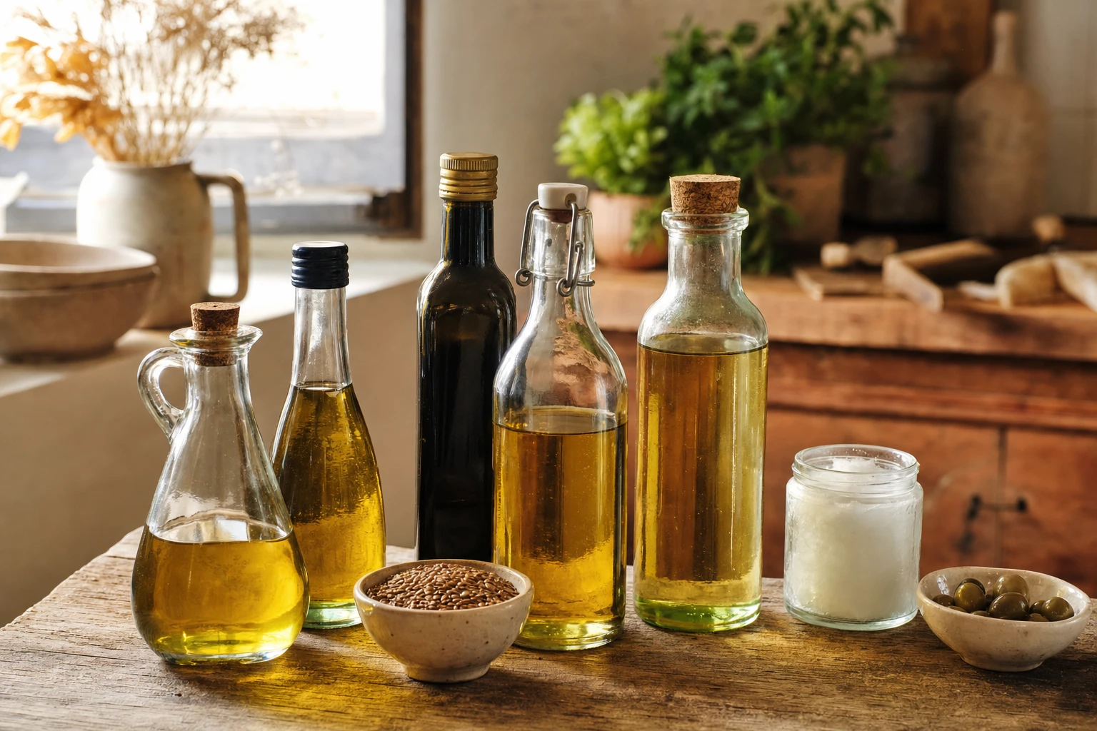 Array of cooking oils and fats