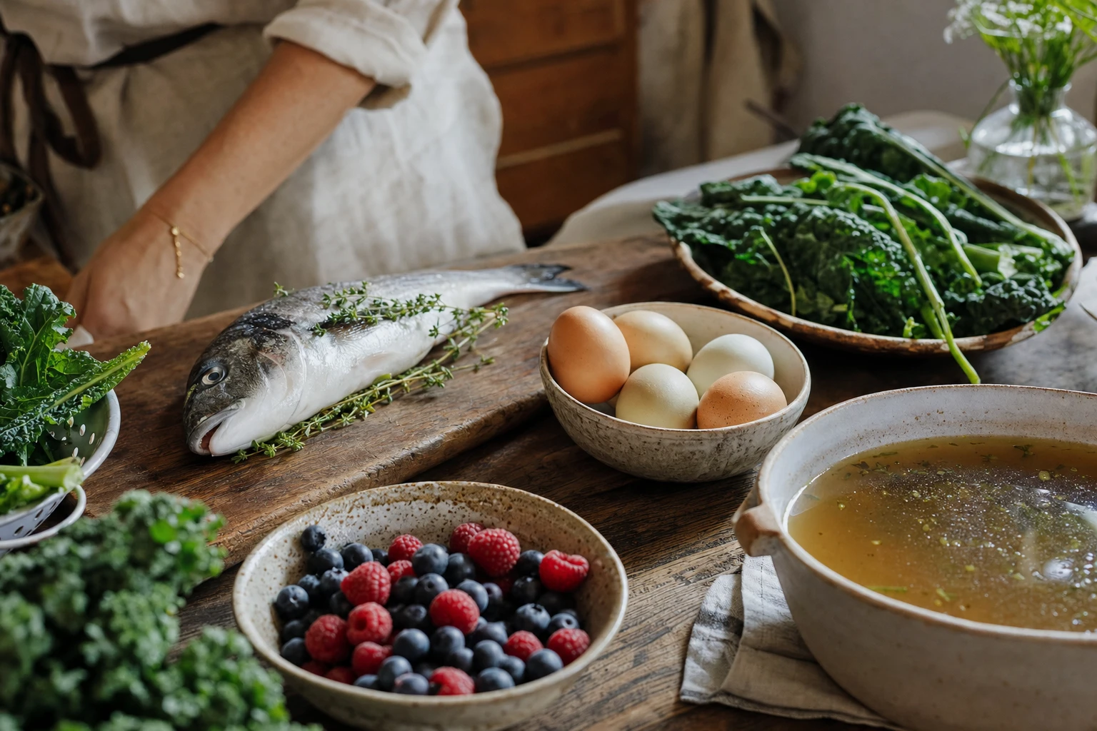 Array of anti-aging foods: fish, eggs, berries, greens, bone broth