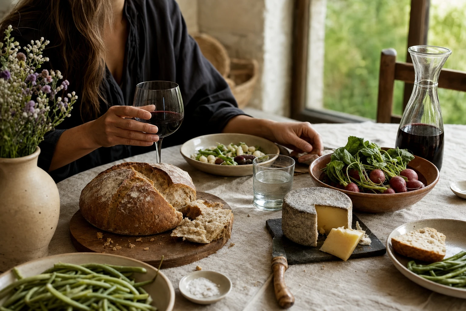 Setting with bread, cheese, wine, and vegetables