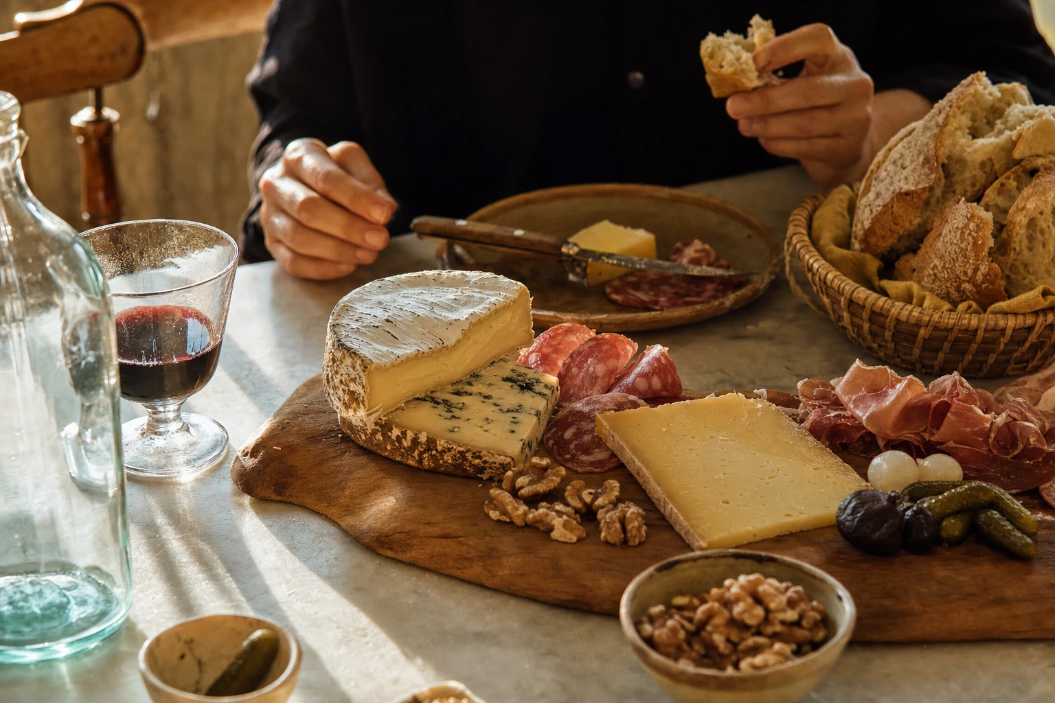 A cheese and charcuterie board with traditional French varieties