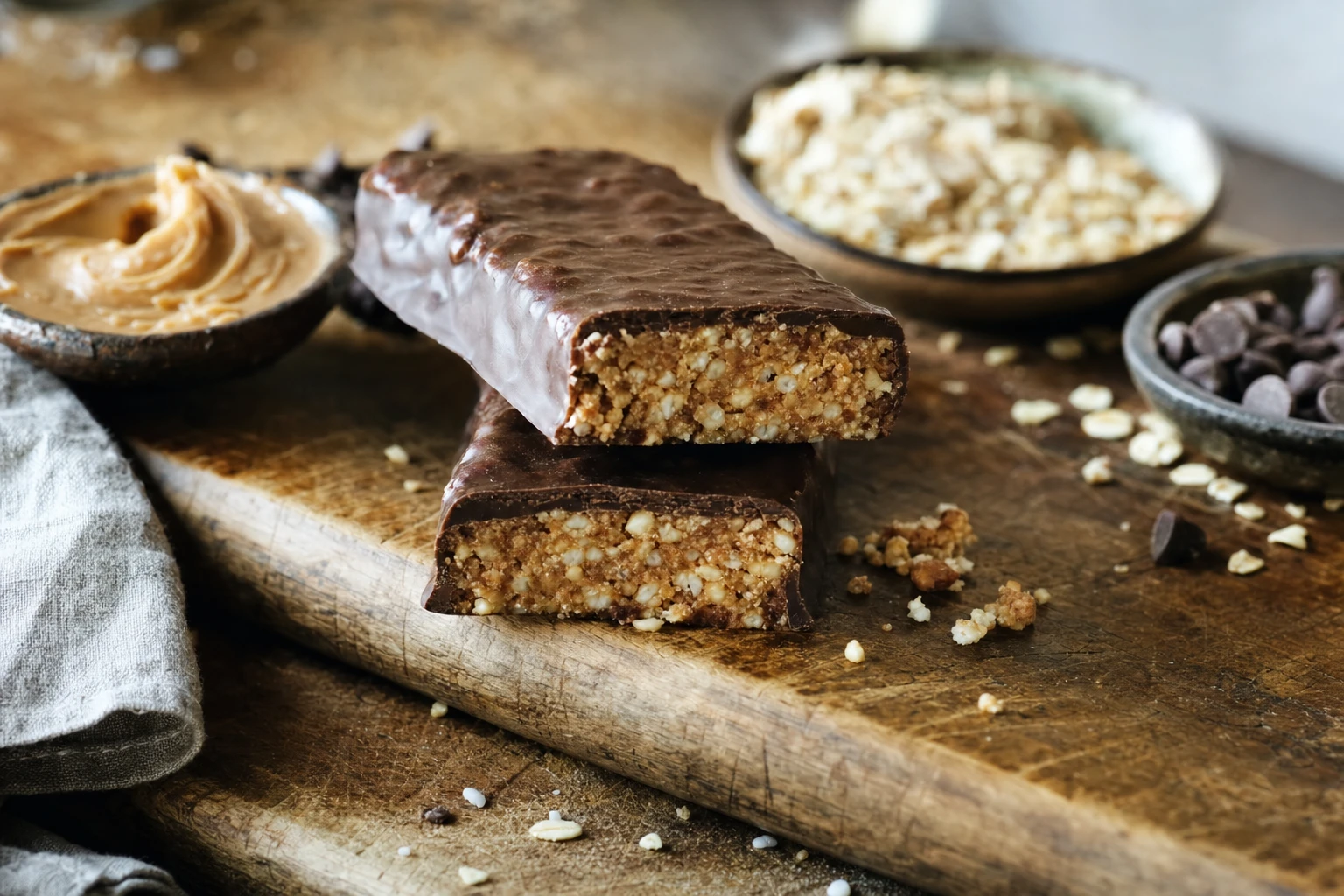 A cross-section showing the layers and texture of a typical protein bar