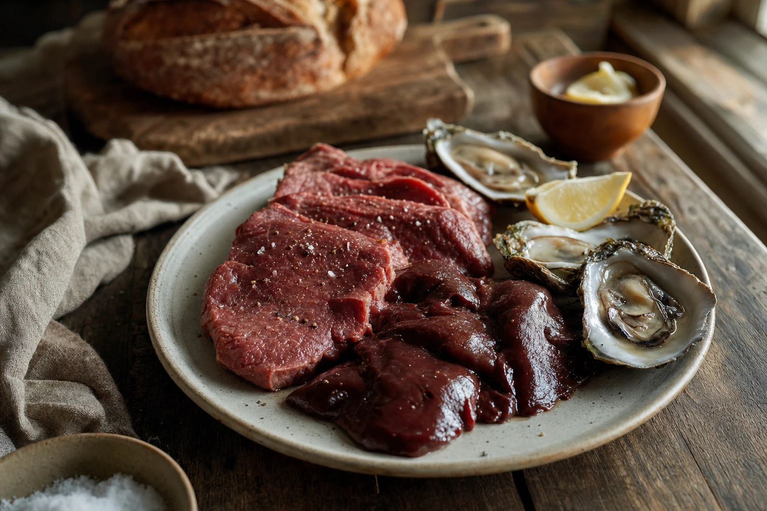 Beef liver, red meat, oysters arranged on a plate