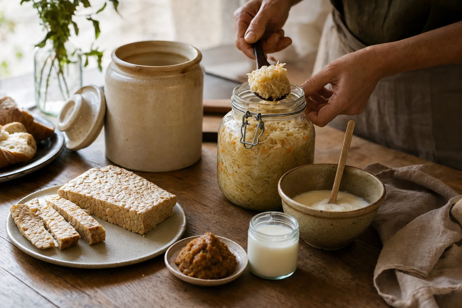 Fermented foods on a table (sauerkraut, kefir, miso, tempeh)
