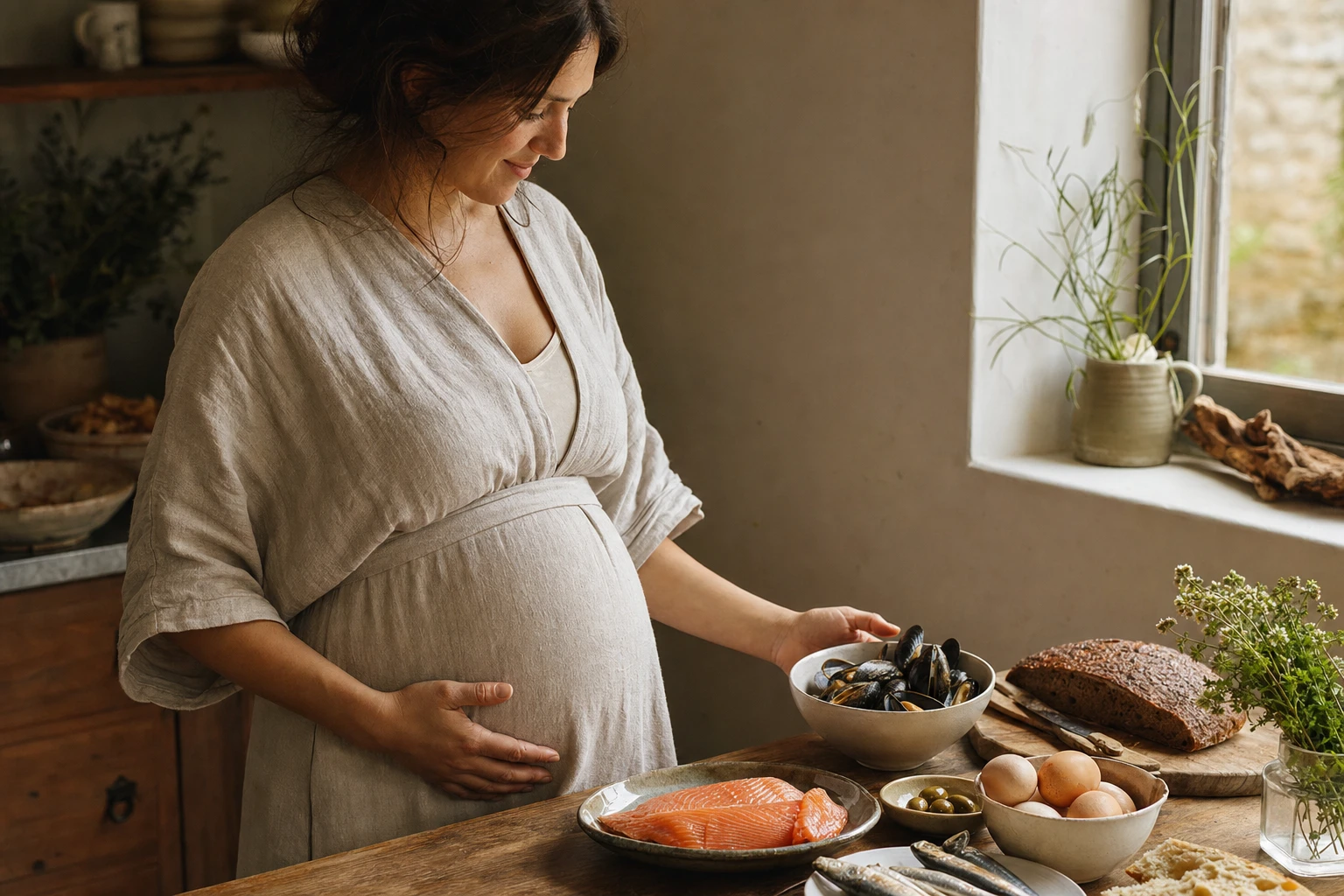 Pregnant woman with foods rich in choline and DHA