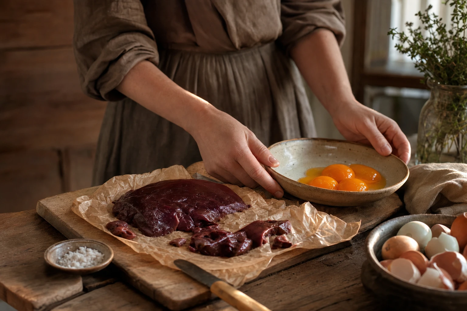 Raw liver and egg yolks