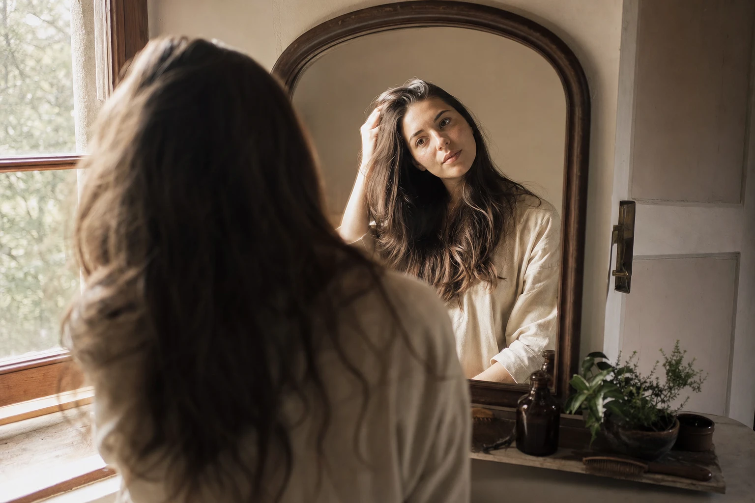 Mirror showing hair thickness improvement