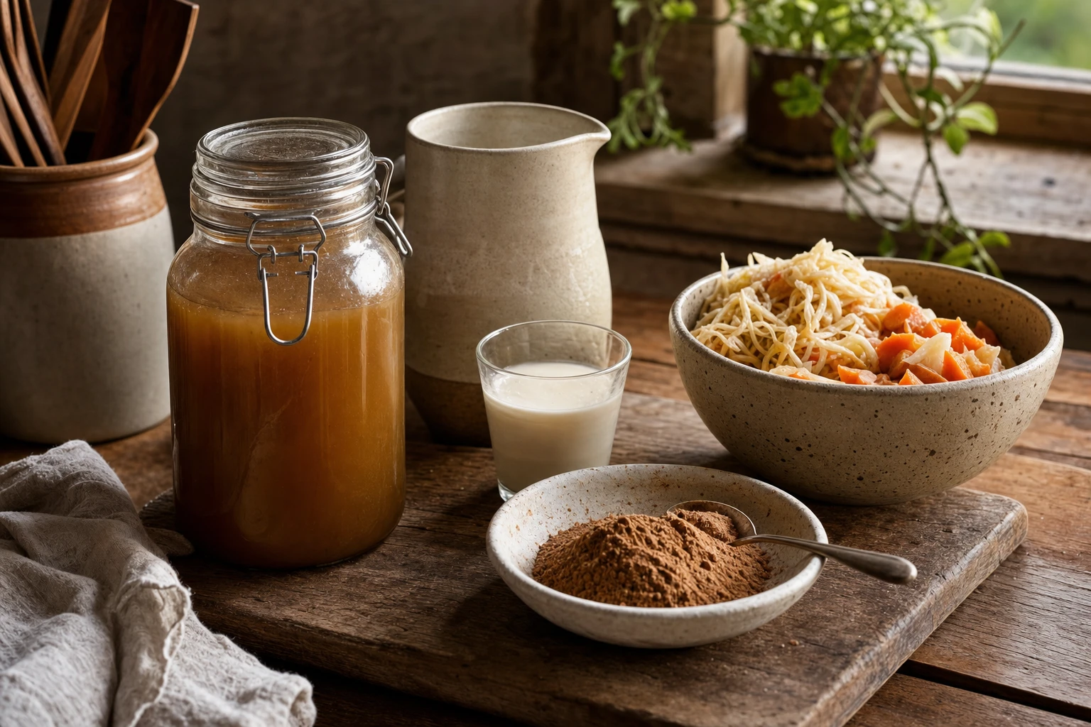 Arranged ingredients: Organised powder, bone broth jar, raw milk, fermented vegetables