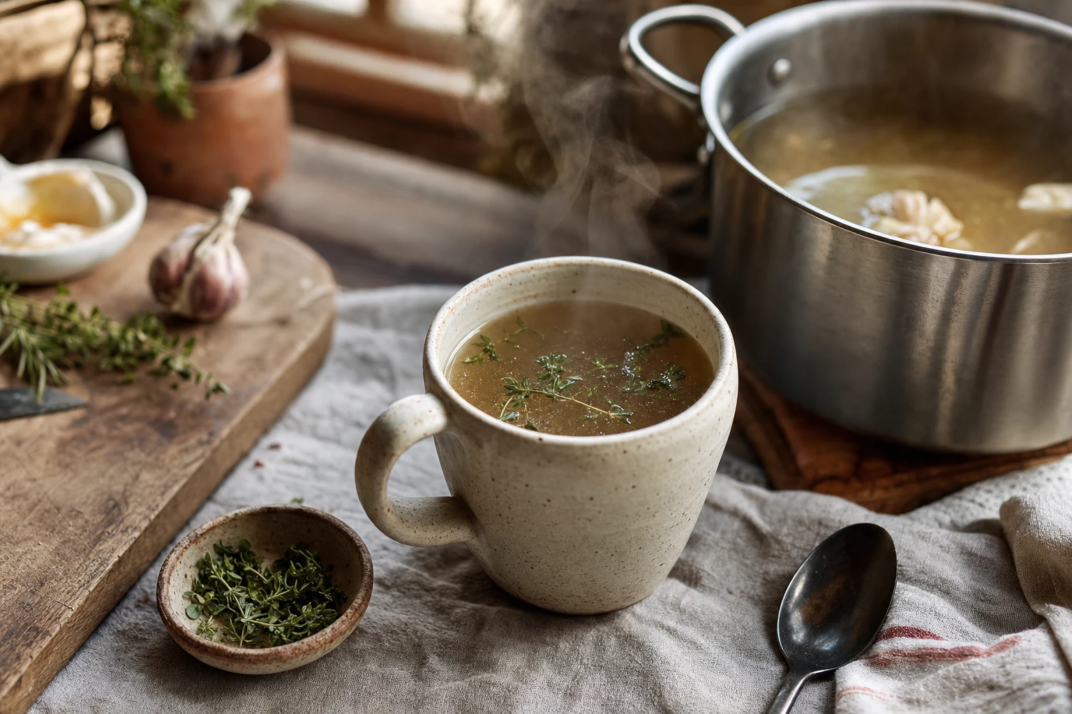 Steaming mug of bone broth with herbs