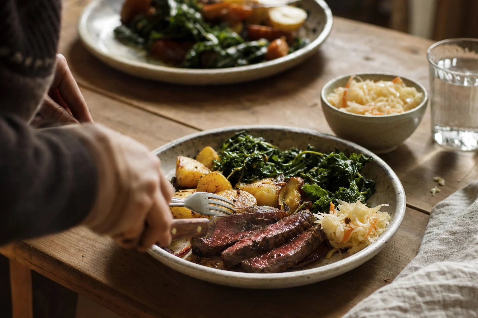 Dinner plate with meat, vegetables, and a side of fermented vegetables