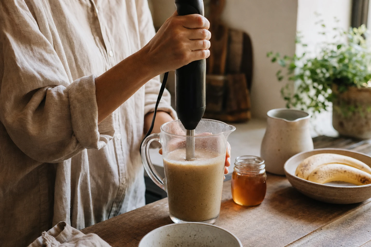 A hand blender mixing shake ingredients in a jug