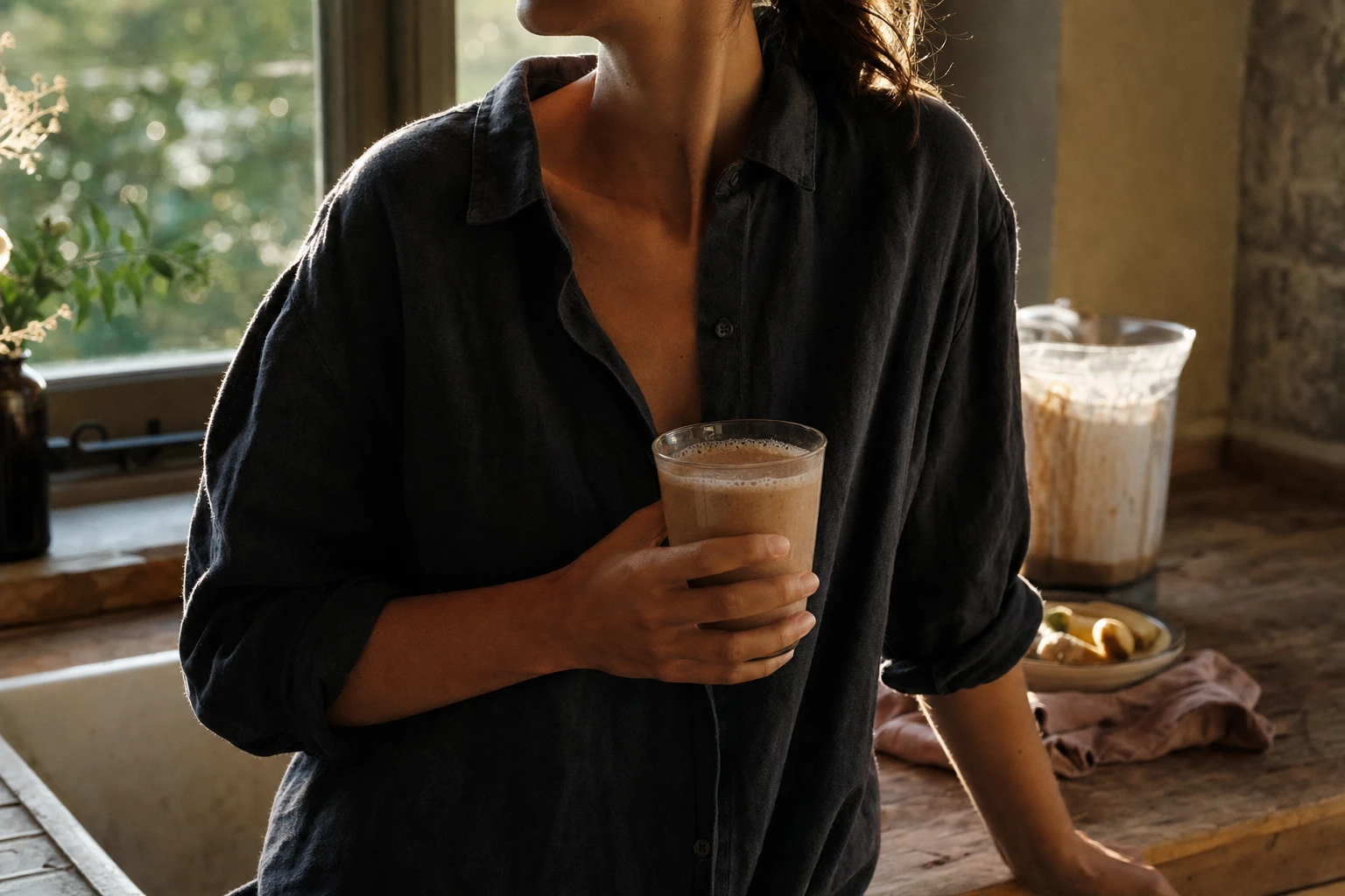 Person holding a filled glass of the shake, sunlight streaming in the background