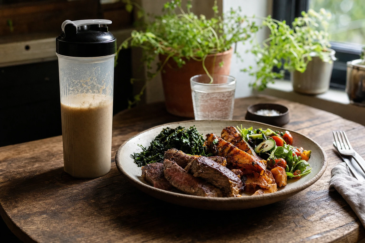 A meal replacement shake bottle next to a balanced plate of whole food