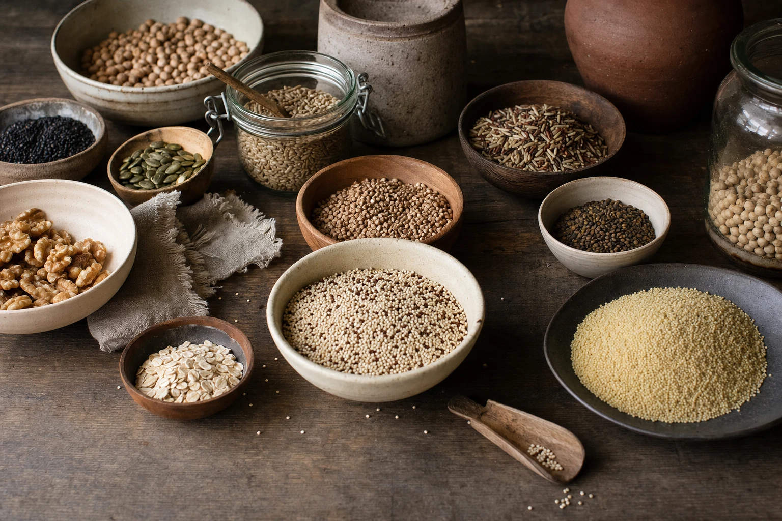 A cross-section of various grains and plant sources showing nutrient structures