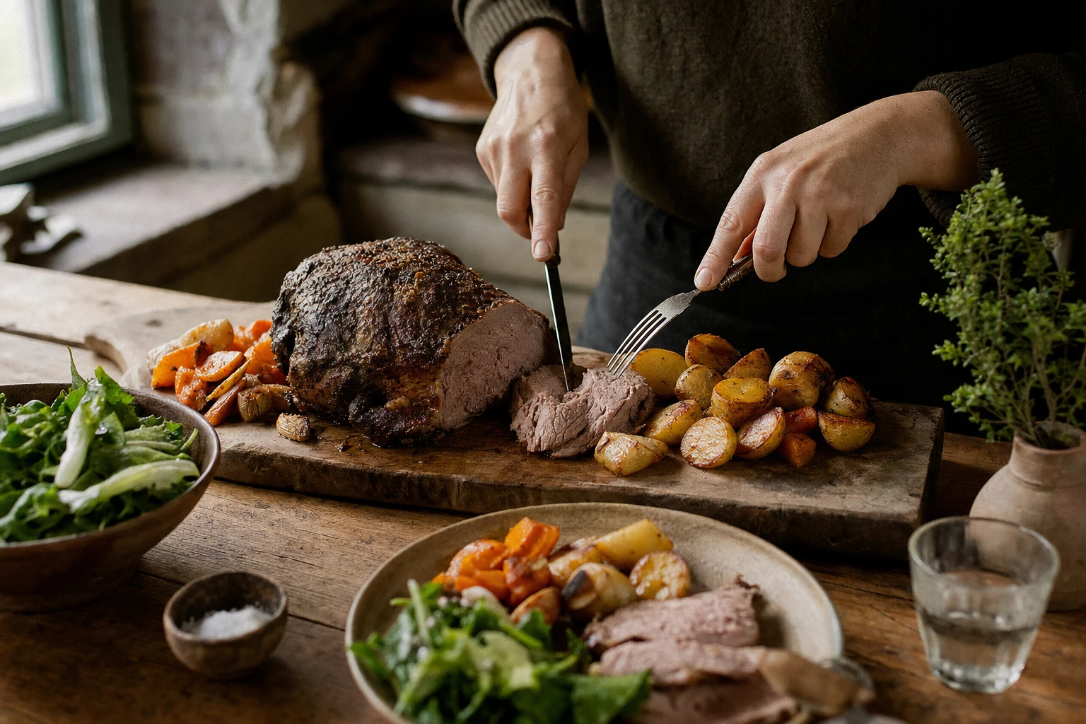 A simple, quickly prepared meal: roasted meat, vegetables, simple carbs