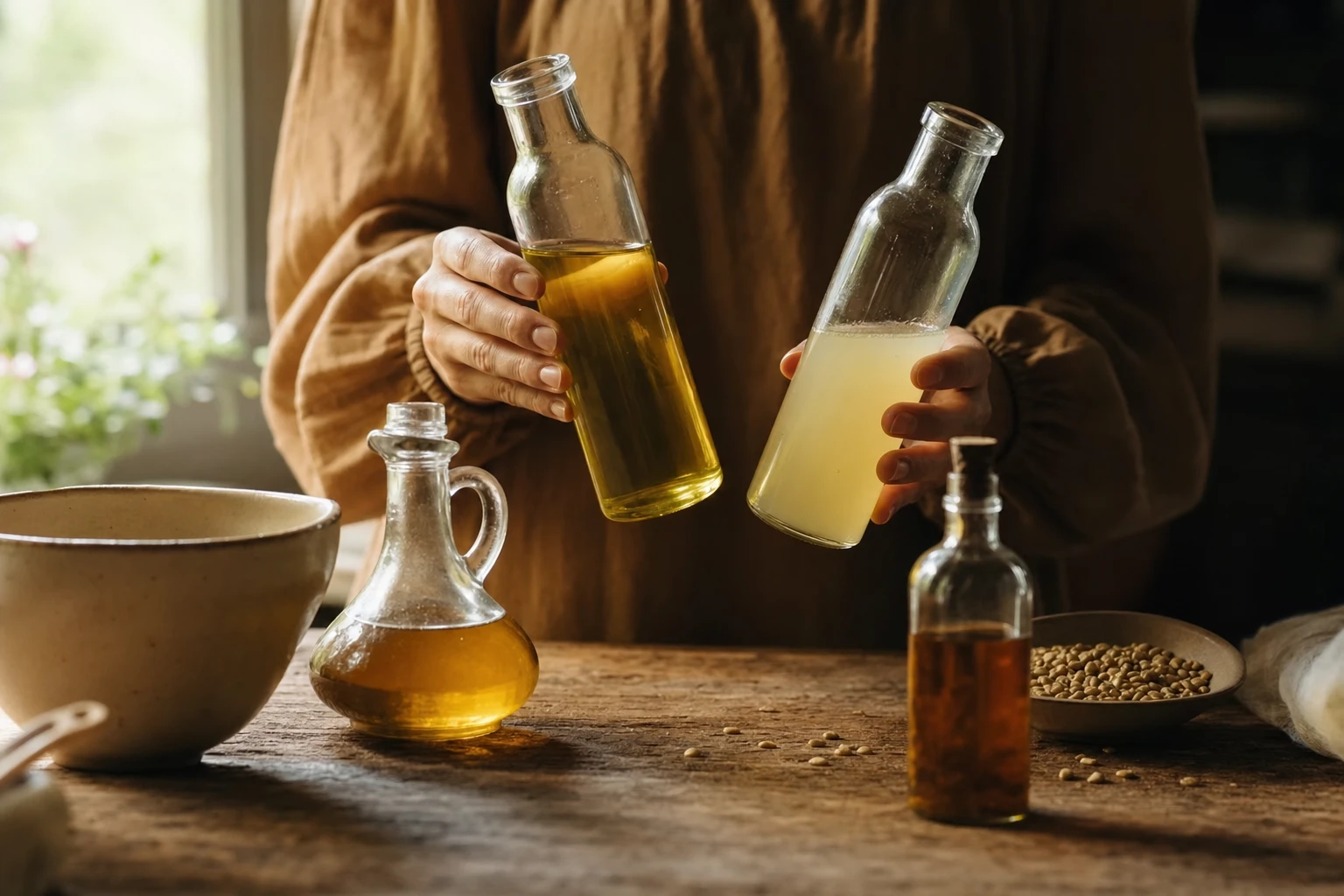 Comparison of oils showing clear versus oxidised/cloudy seed oil samples, with molecular structures annotated