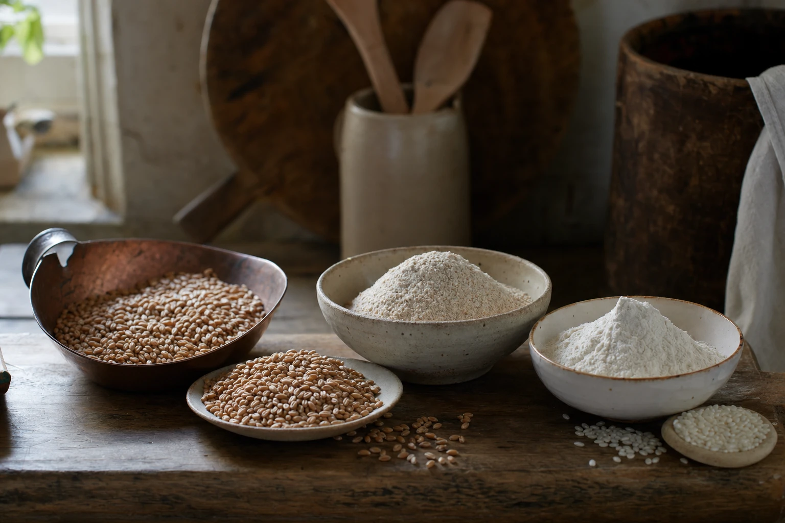 A traditional unprocessed grain vs. white/refined grain shown whole and ground, side-by-side comparison