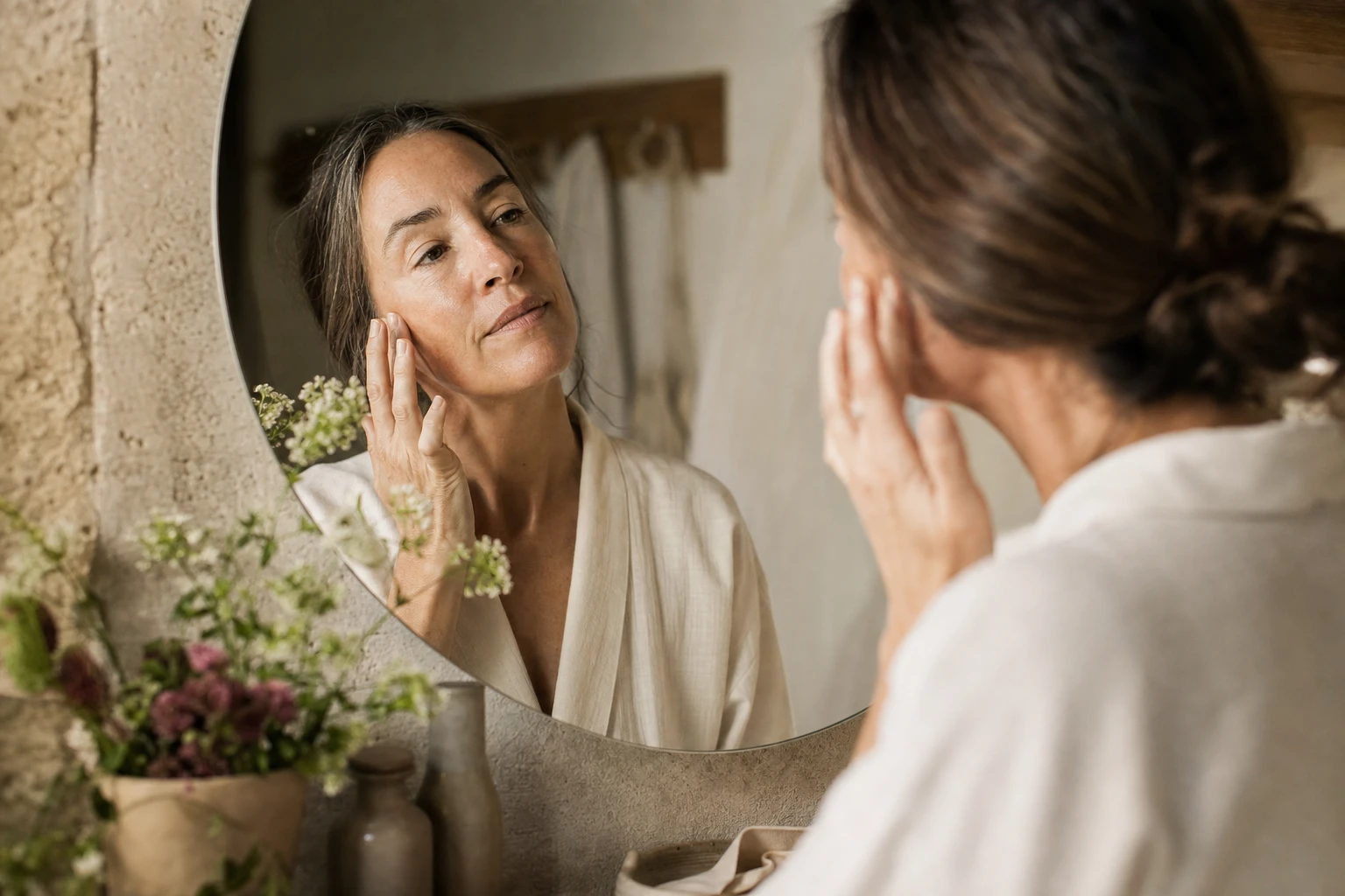 Healthy skin texture vs aged skin showing collagen loss