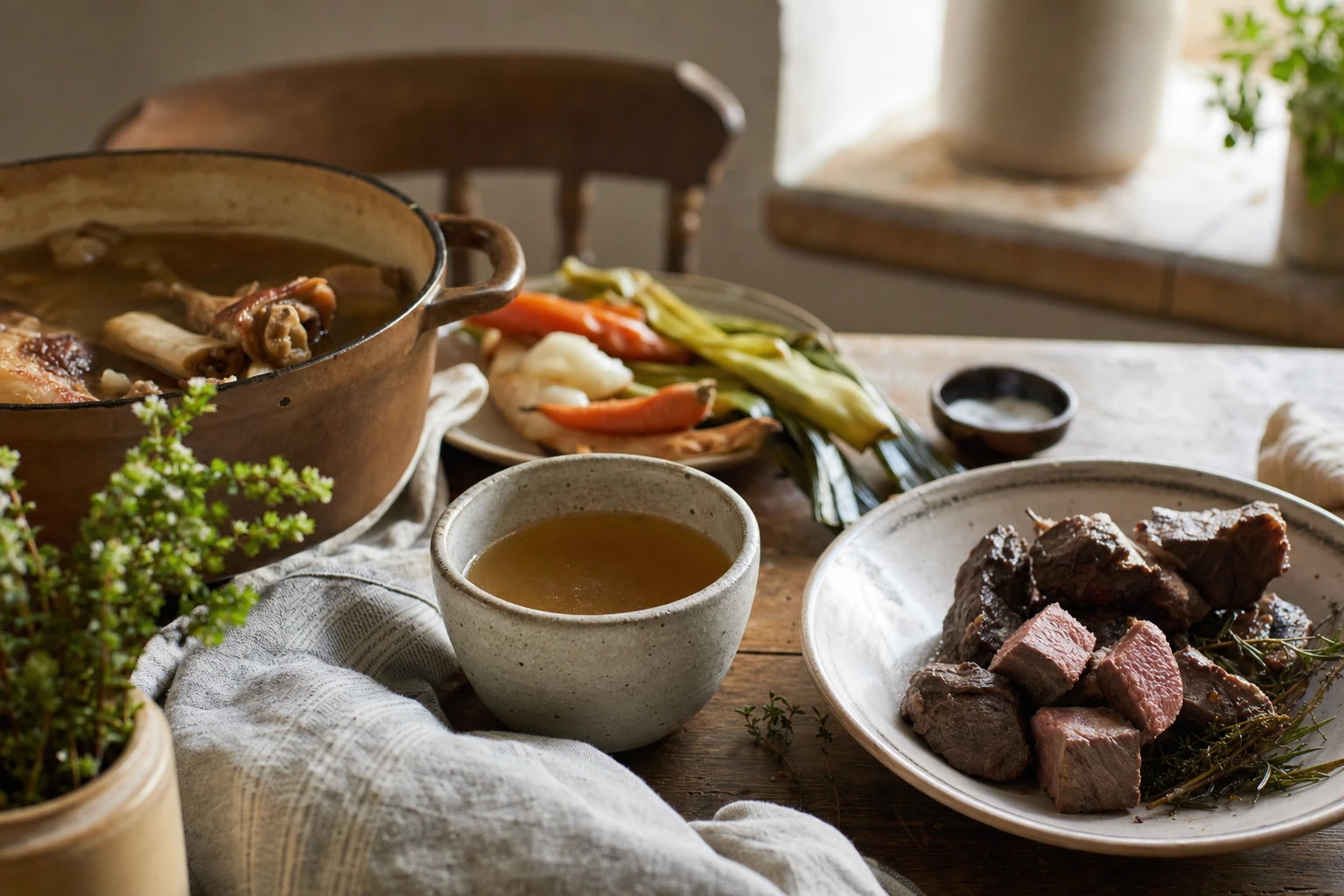 Plate with bone broth, red meat, and vegetables