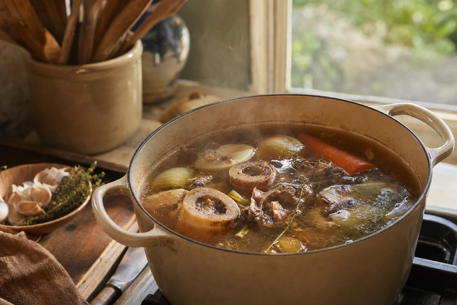 Bone broth simmering in pot, showing colour and richness