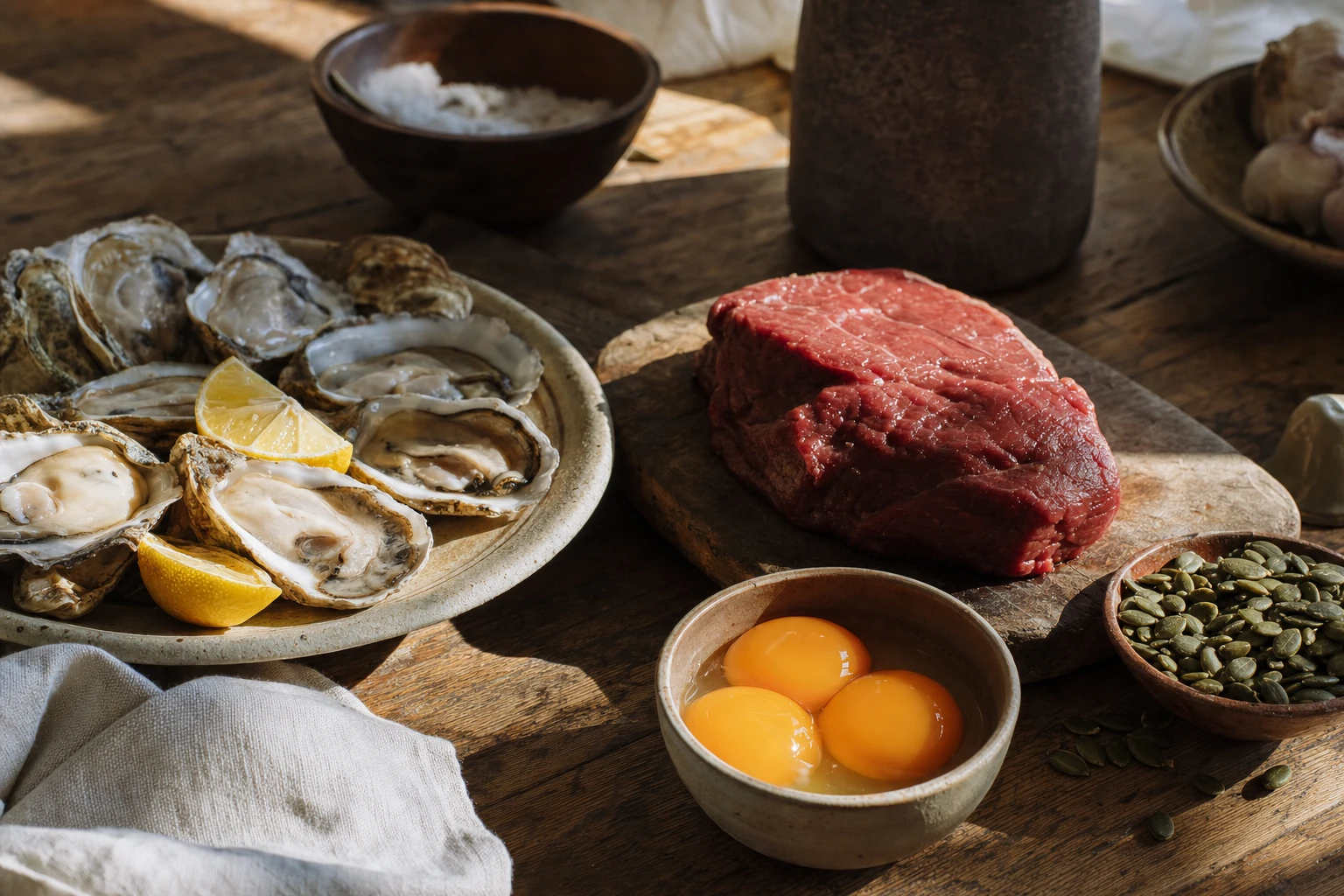 Plate with oysters, beef, egg yolk, pumpkin seeds