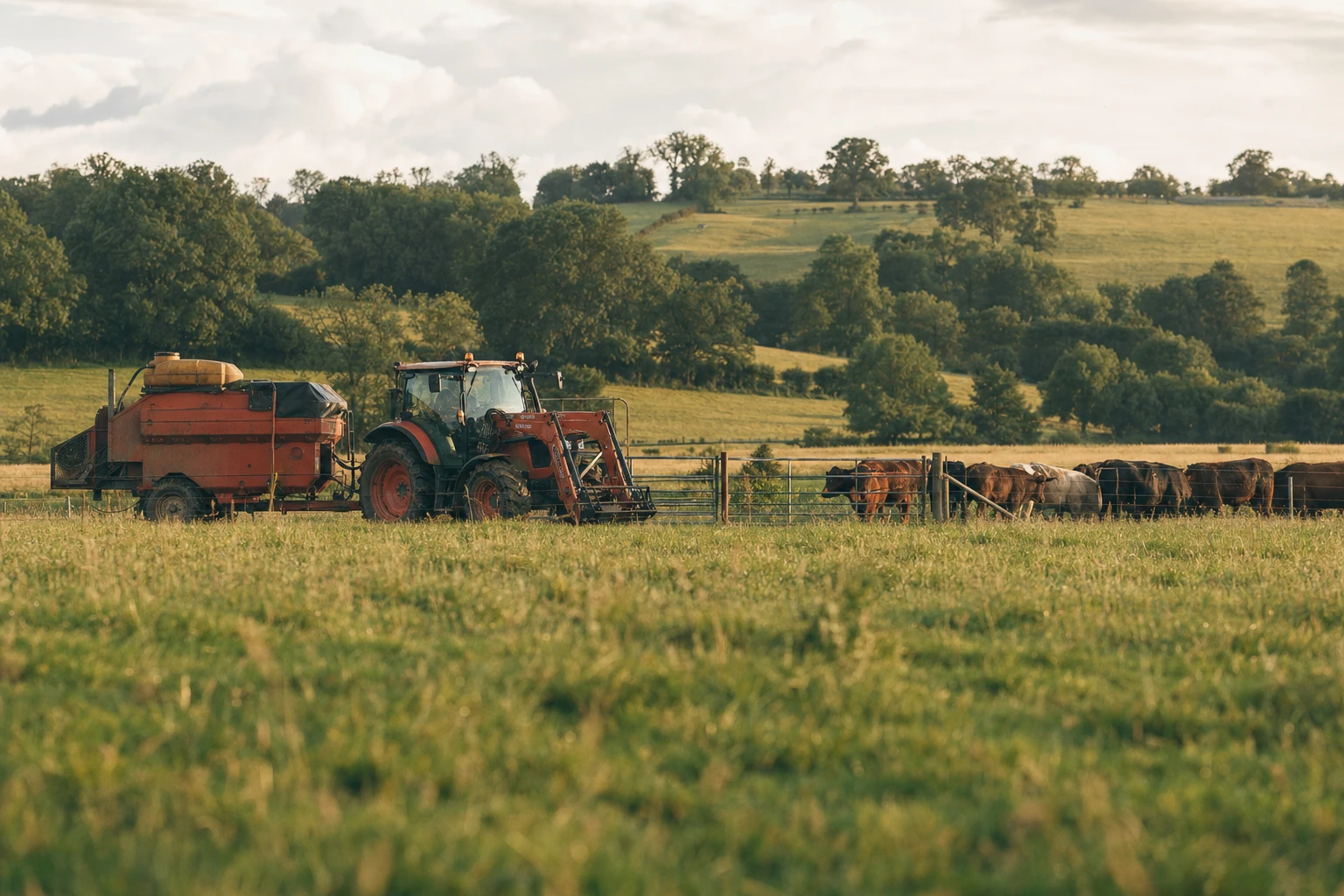A British farm landscape with modern farming equipment