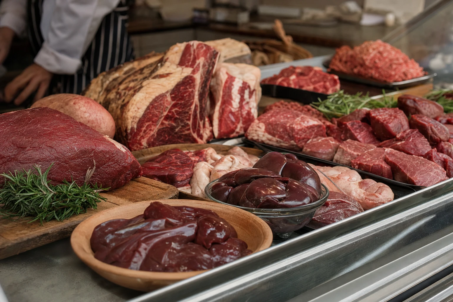 Various cuts of beef including organs displayed at a butcher shop