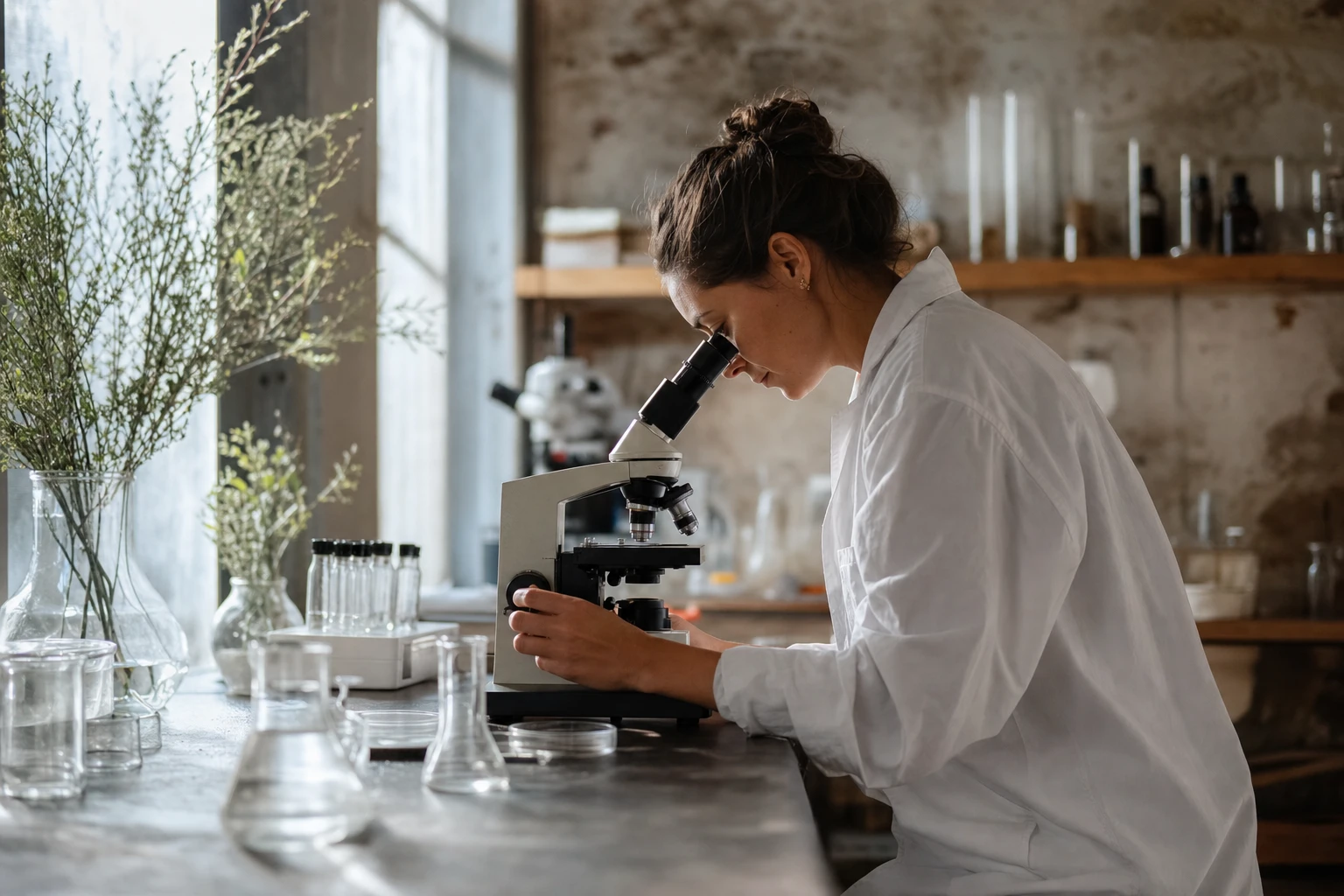 Laboratory technician analysing a sample under microscope
