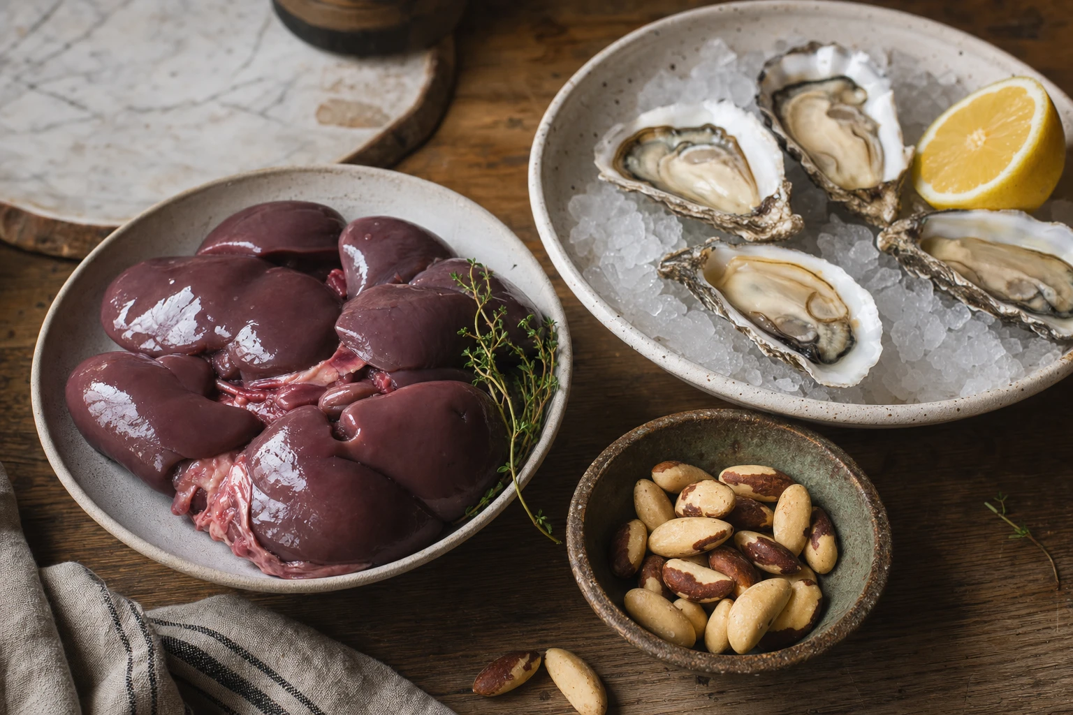 Array of selenium-rich foods: kidney, oysters, Brazil nuts