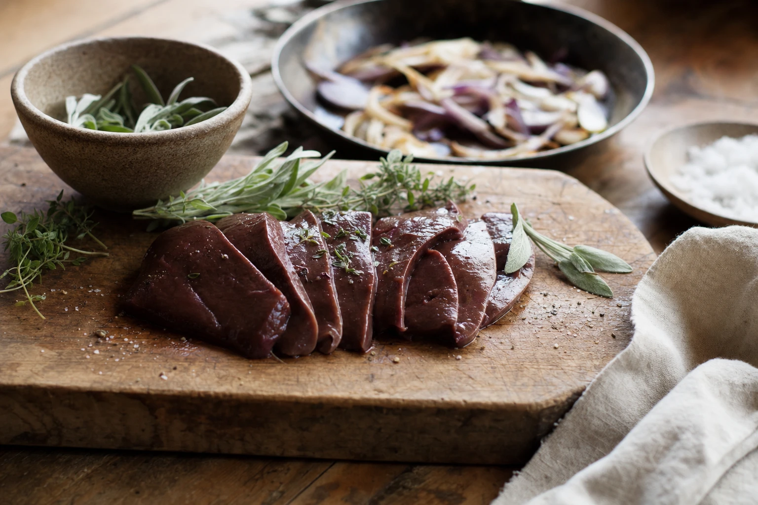 Sliced liver on a wooden board with herbs