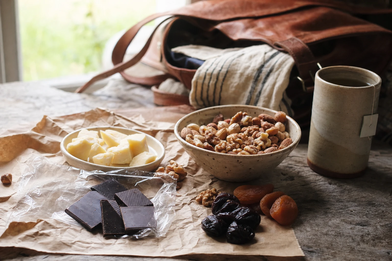 Various portable whole foods: nuts, dried fruit, cheese, chocolate, tea bags