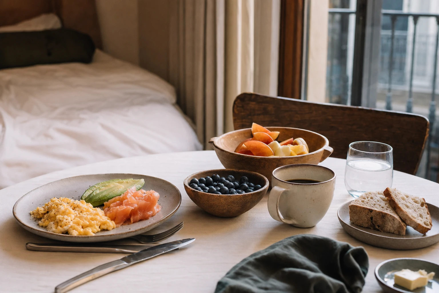 Hotel room with simple breakfast spread of eggs, fruit, and whole foods