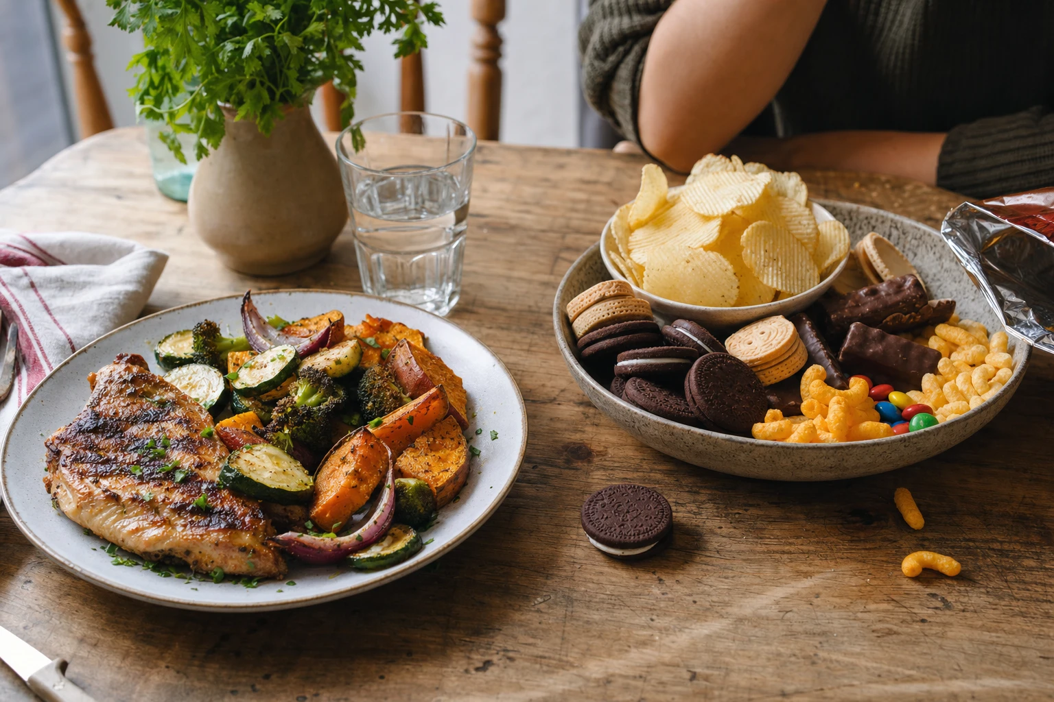 A plate of grilled chicken and vegetables versus a pile of processed snack foods