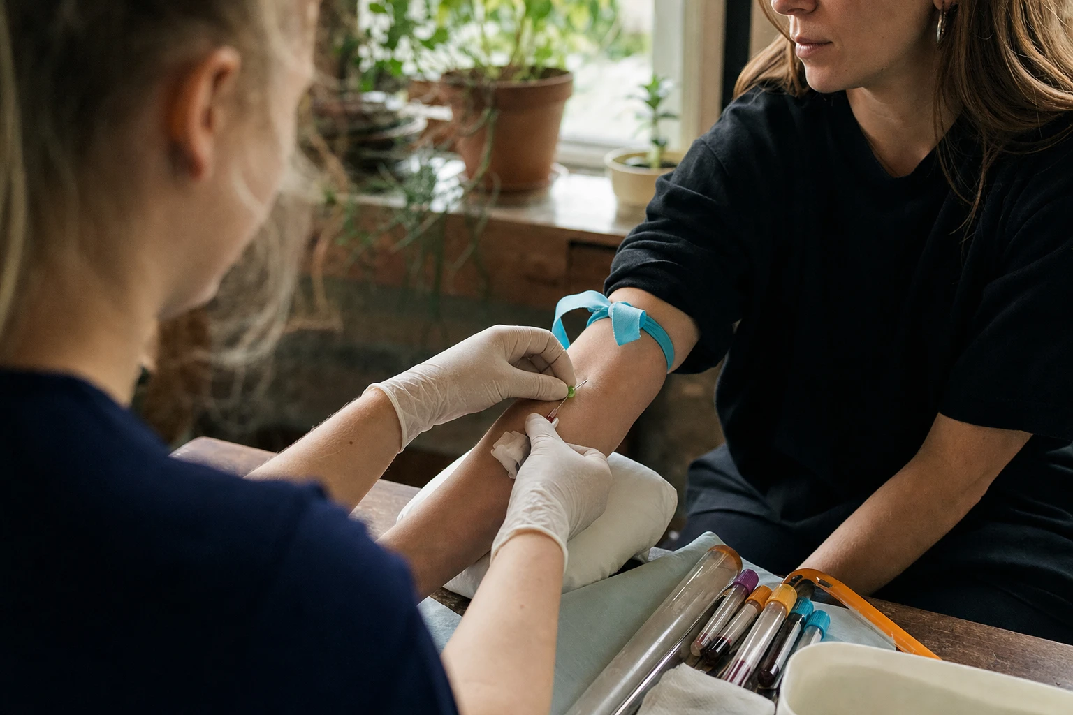 Blood sample being drawn with multiple vials labeled with markers