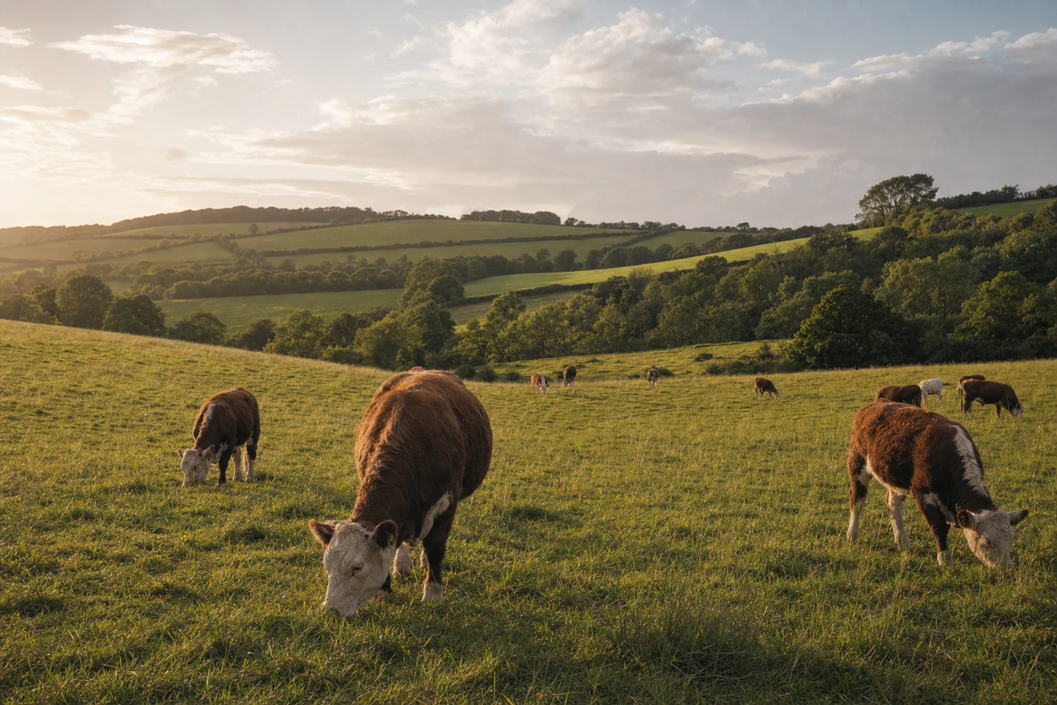 Wide pasture with Hereford cattle grazing, rolling green hills