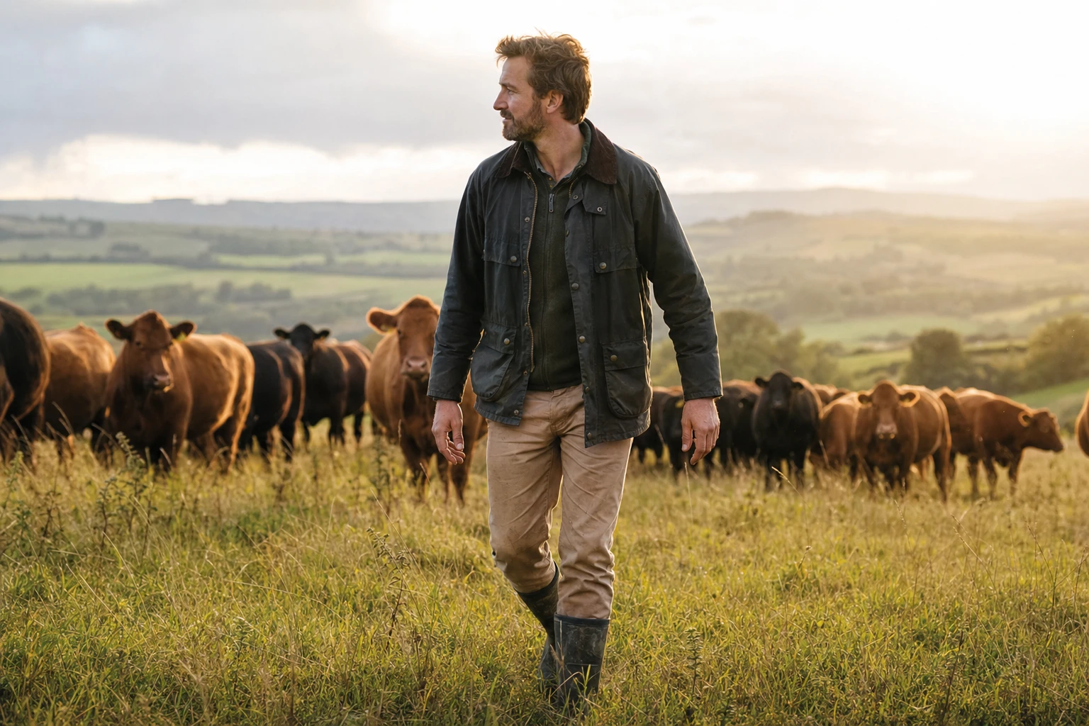James walking pasture with cattle in background, late afternoon