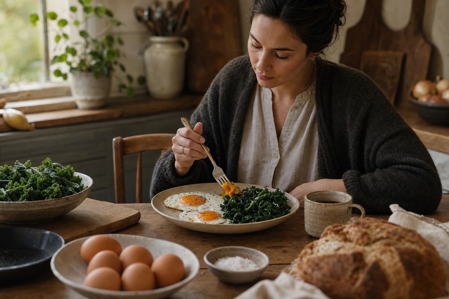 A person eating eggs and leafy greens for vitamin D