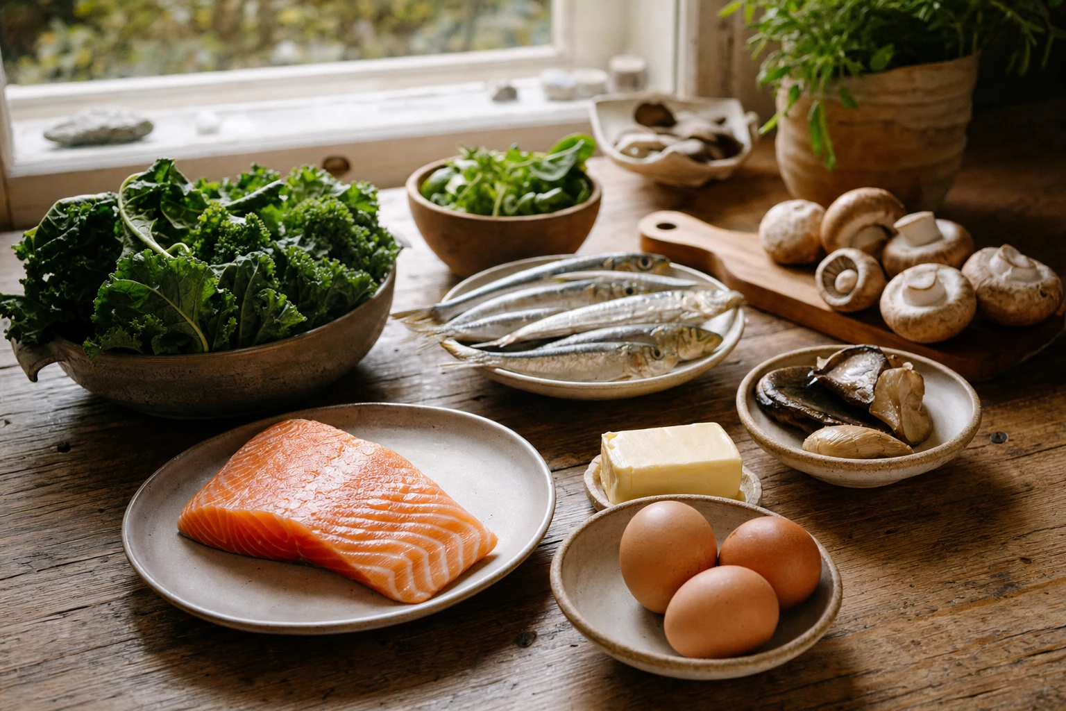 A vitamin D supplement bottle alongside food sources