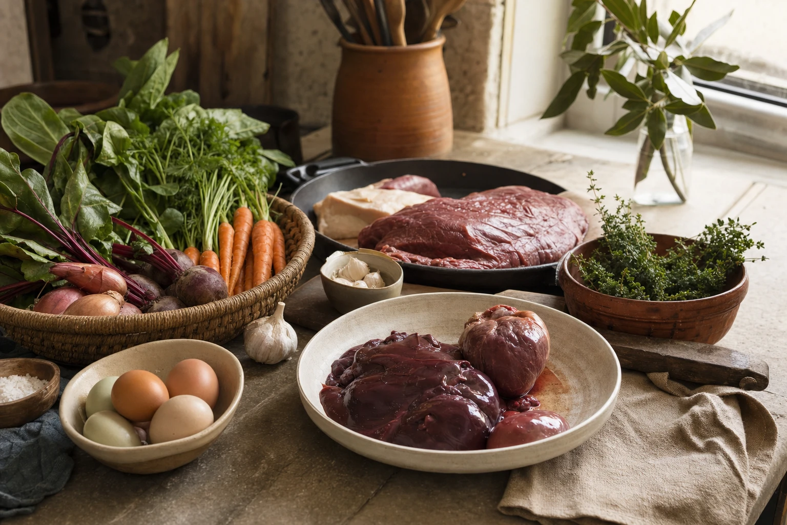 Fresh vegetables, organ meats, and cooking ingredients arranged on a kitchen counter