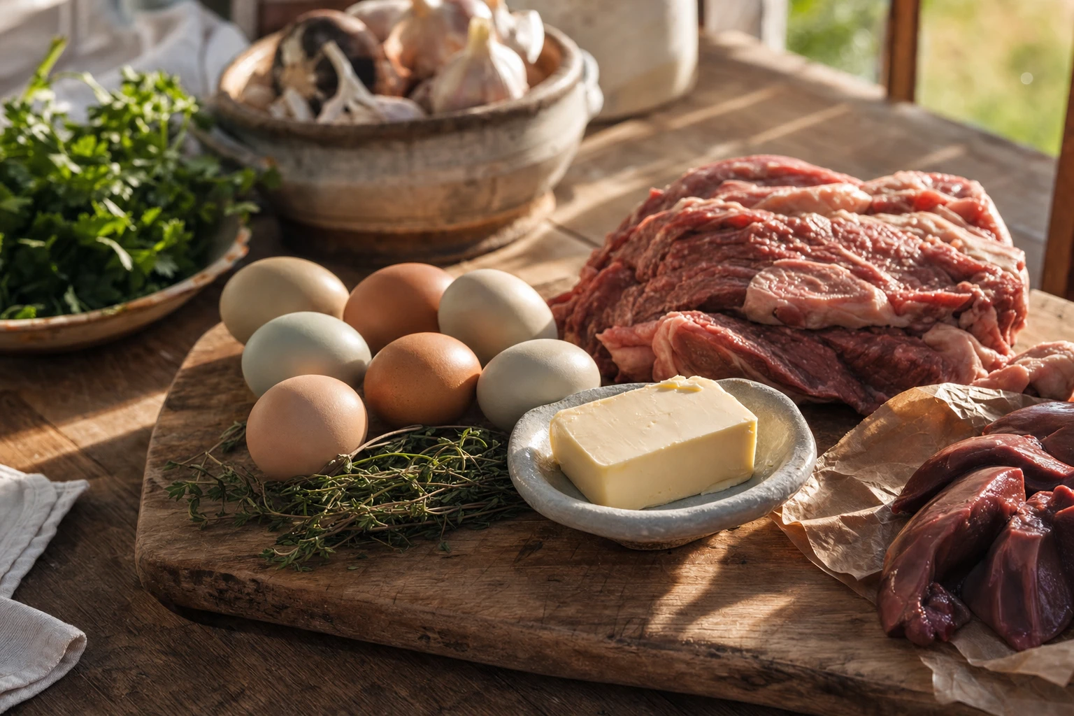 A wooden chopping board with whole foods: eggs, butter, fresh herbs, raw meat