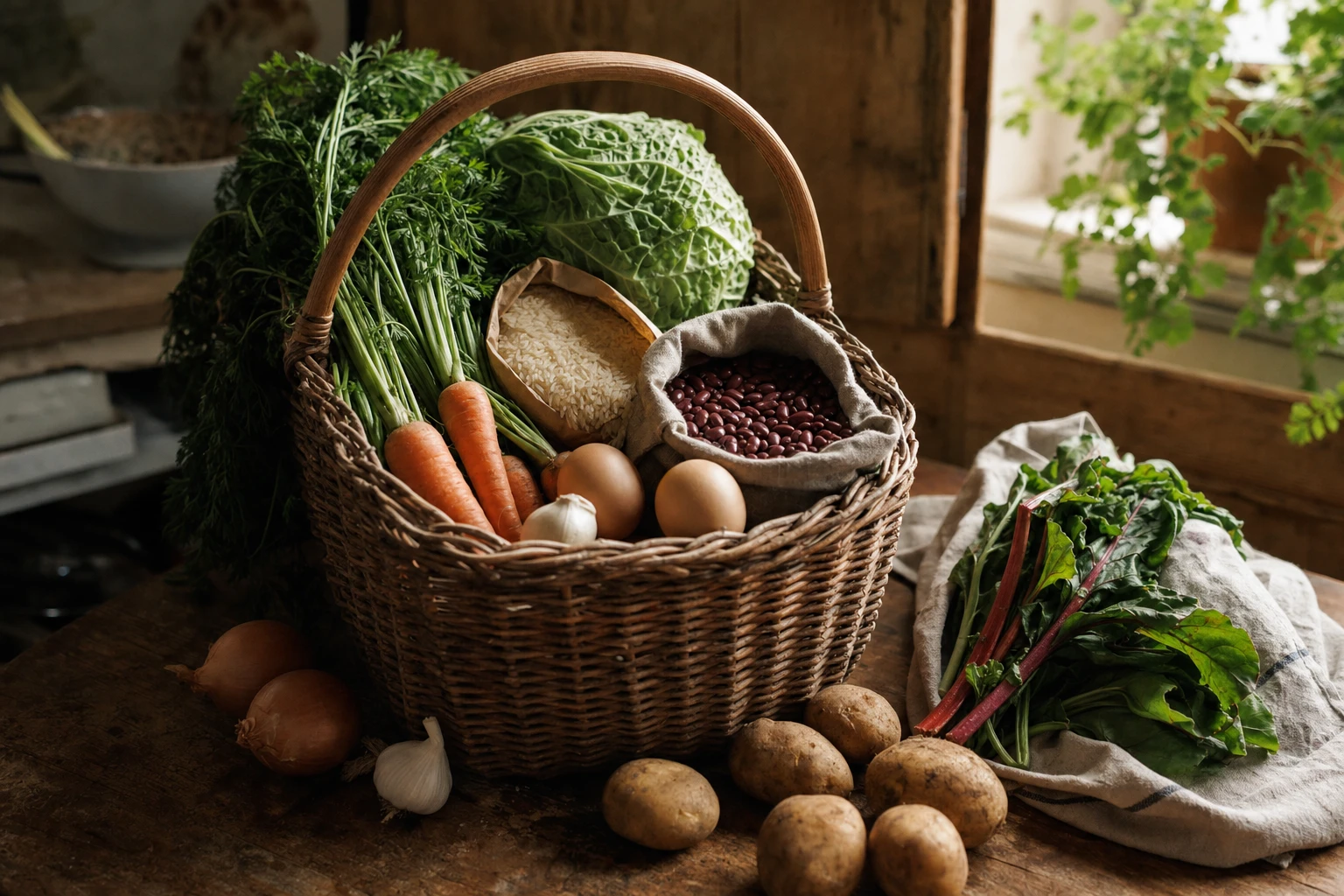 A budget-friendly shopping basket with basic staples: rice, beans, vegetables, eggs