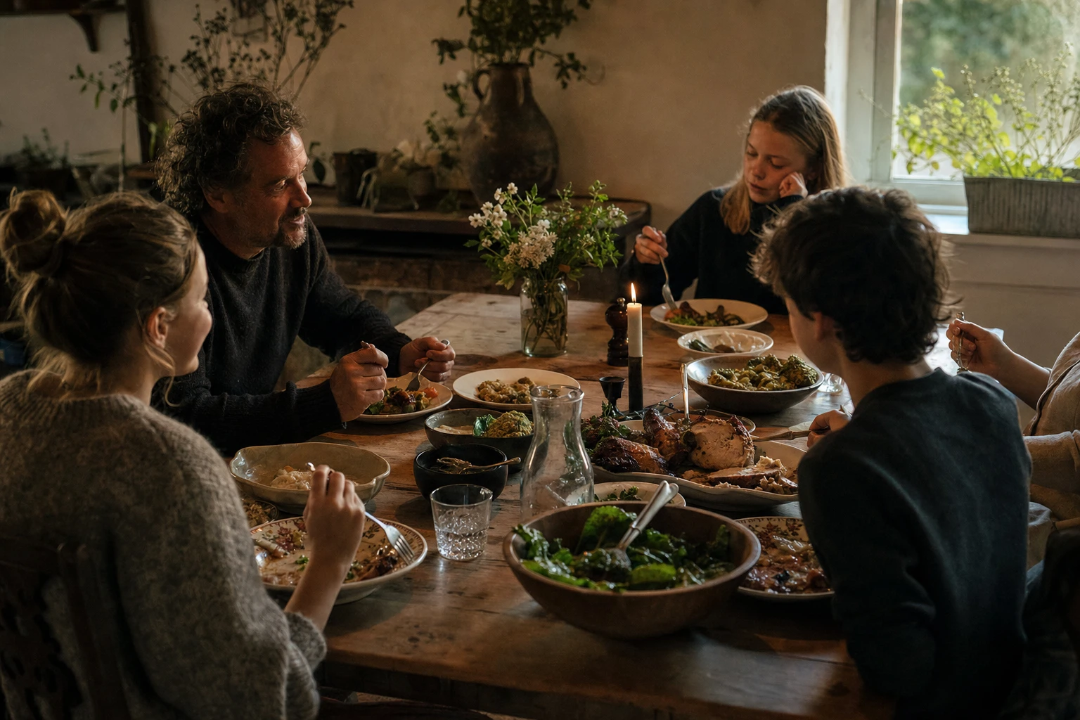 A relaxed family dinner scene with simple whole food plates, conversation