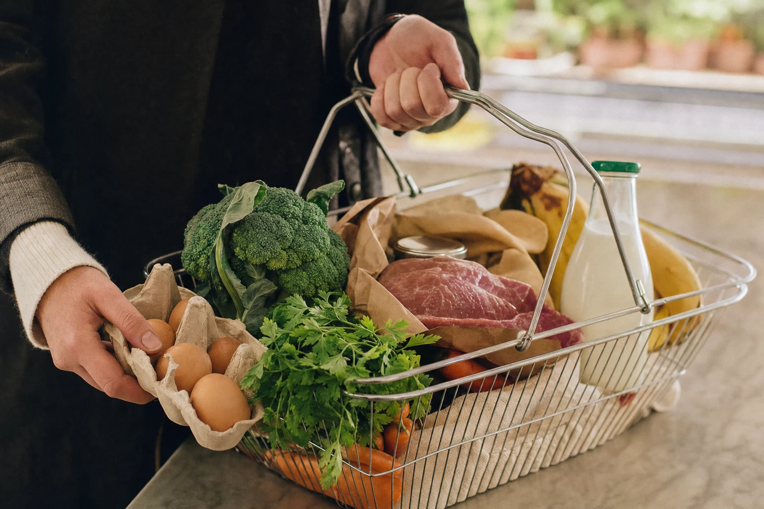 A shopping basket with affordable staples from an ordinary supermarket