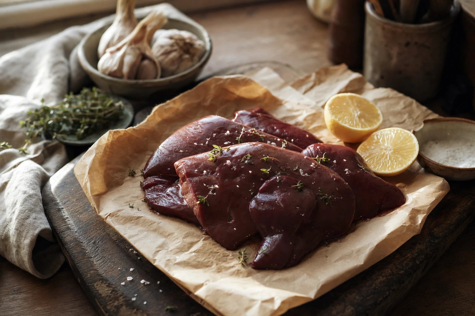 Raw beef liver on butcher paper with lemon and herbs