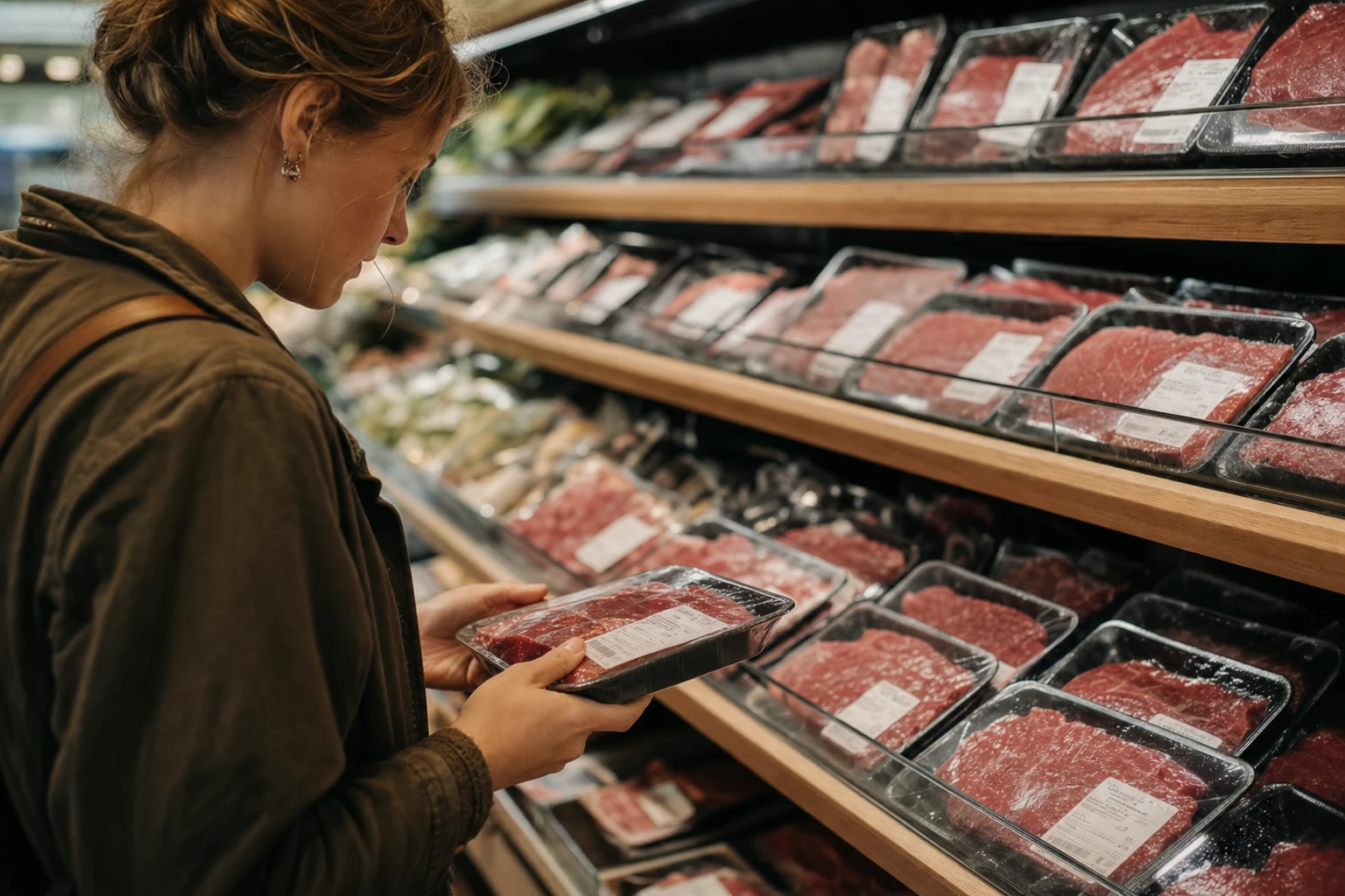 A supermarket shelf with various beef and meat labels visible